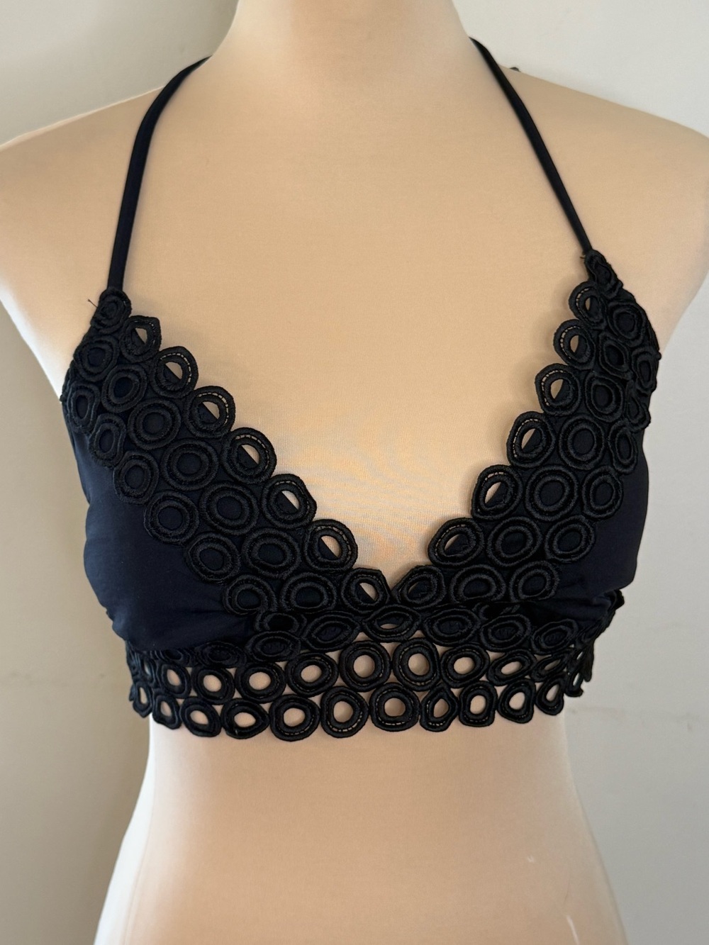 BECCA black retro mid century triangle bikini top SZ LG